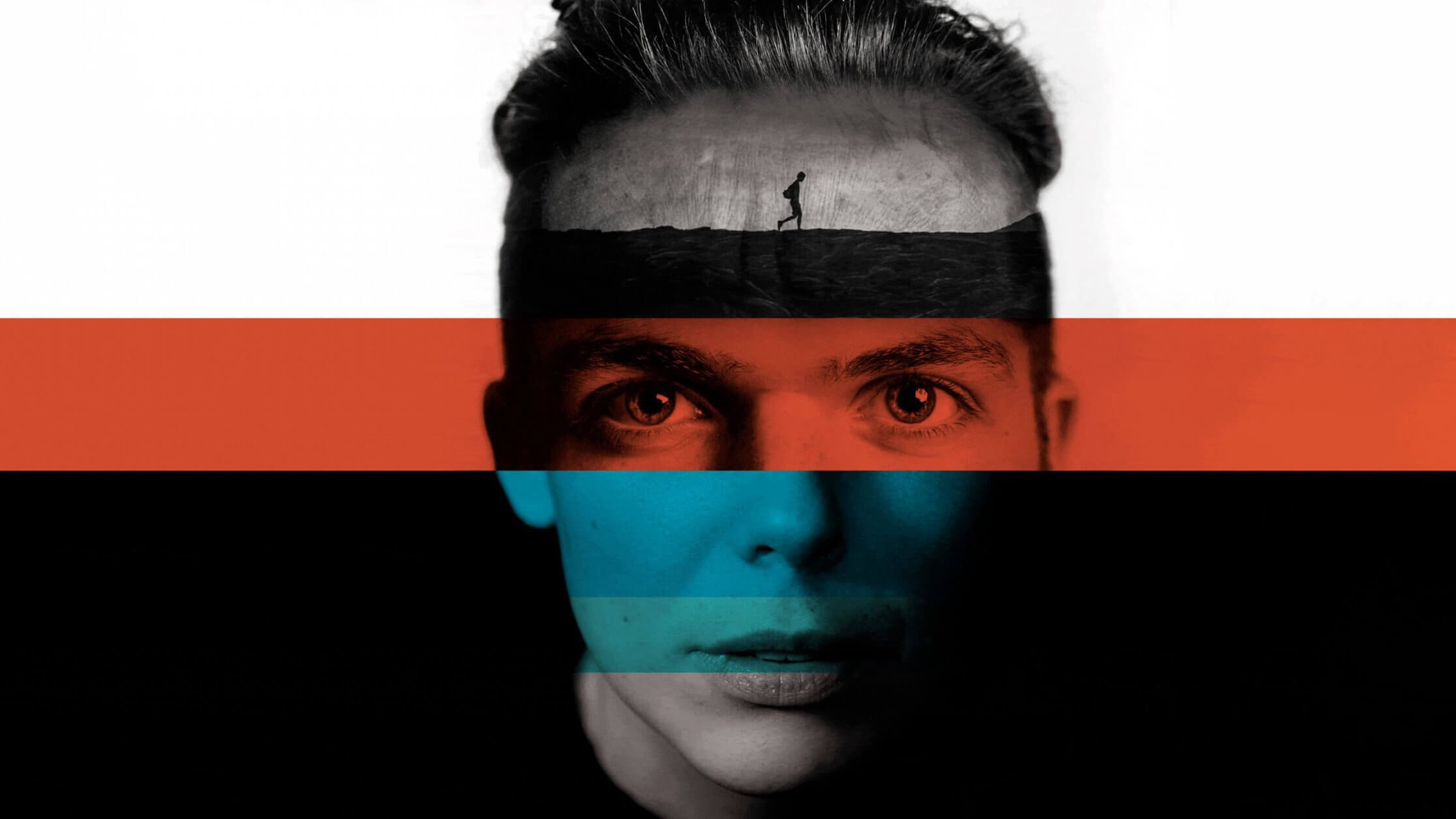 A portrait of a person with short hair, overlaid with horizontal color bands in black, red, blue, and orange. On the forehead, within the Eye of the Storm, a silhouette of a lone figure walks across a stark landscape.