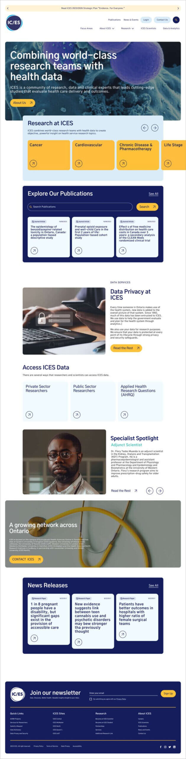 Screenshot of the ICES website homepage featuring sections on research, publications, data privacy, specialist spotlights, news releases, and a newsletter signup, all in a blue and yellow color scheme with medical imagery and the ICES logo.