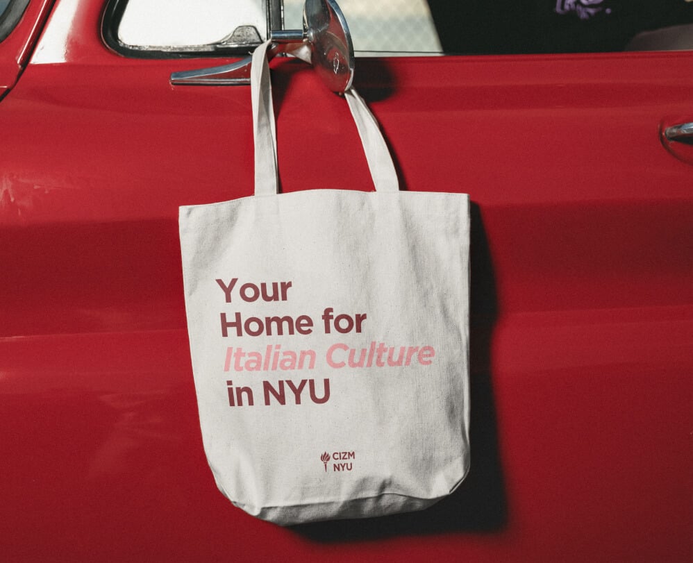 Mockup of NYU Casa logo on a tote bag designed by Takt.