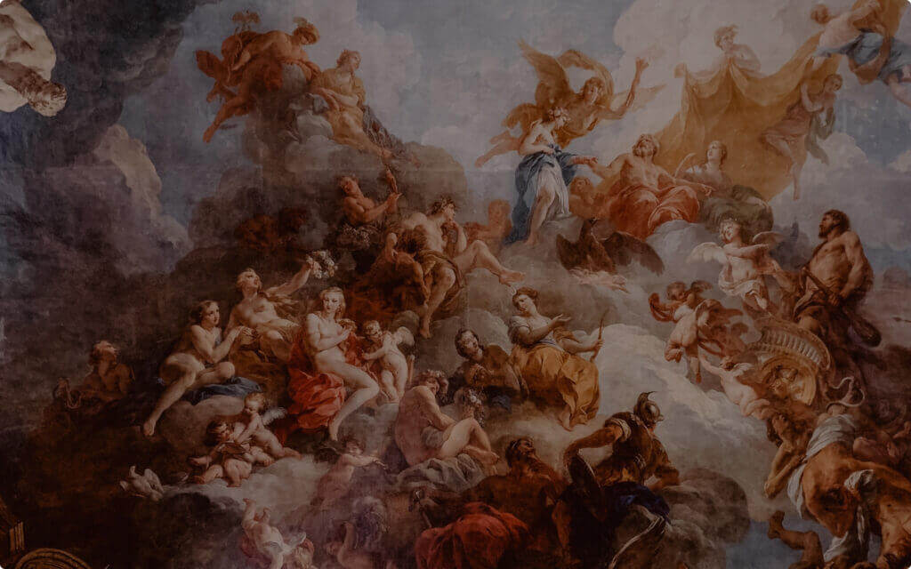 A detailed baroque painting reminiscent of NYUs art collection, depicting a multitude of mythological figures gathered among clouds. Some are adorned with drapery and laurel wreaths, while others play musical instruments. The scene exudes movement and drama with dynamic poses and expressions.