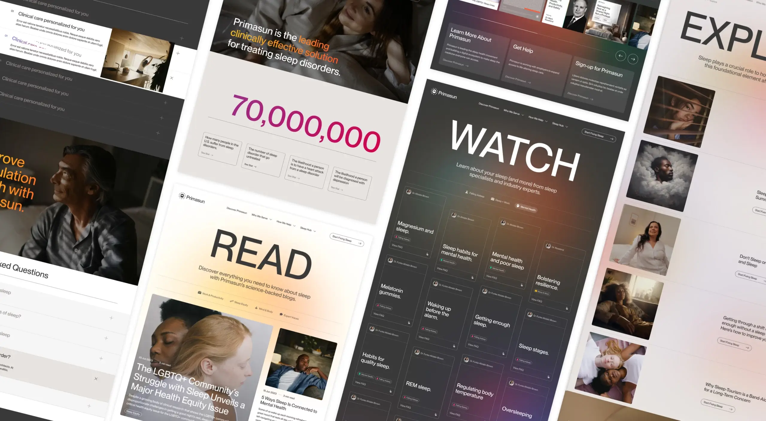 A vibrant collage of webpages showcases diverse content on health and wellness, with large headings like READ and WATCH. The modern, colorful design includes text sections and images, all curated to inform and inspire through stories. Discover the balance of life with Primasun.