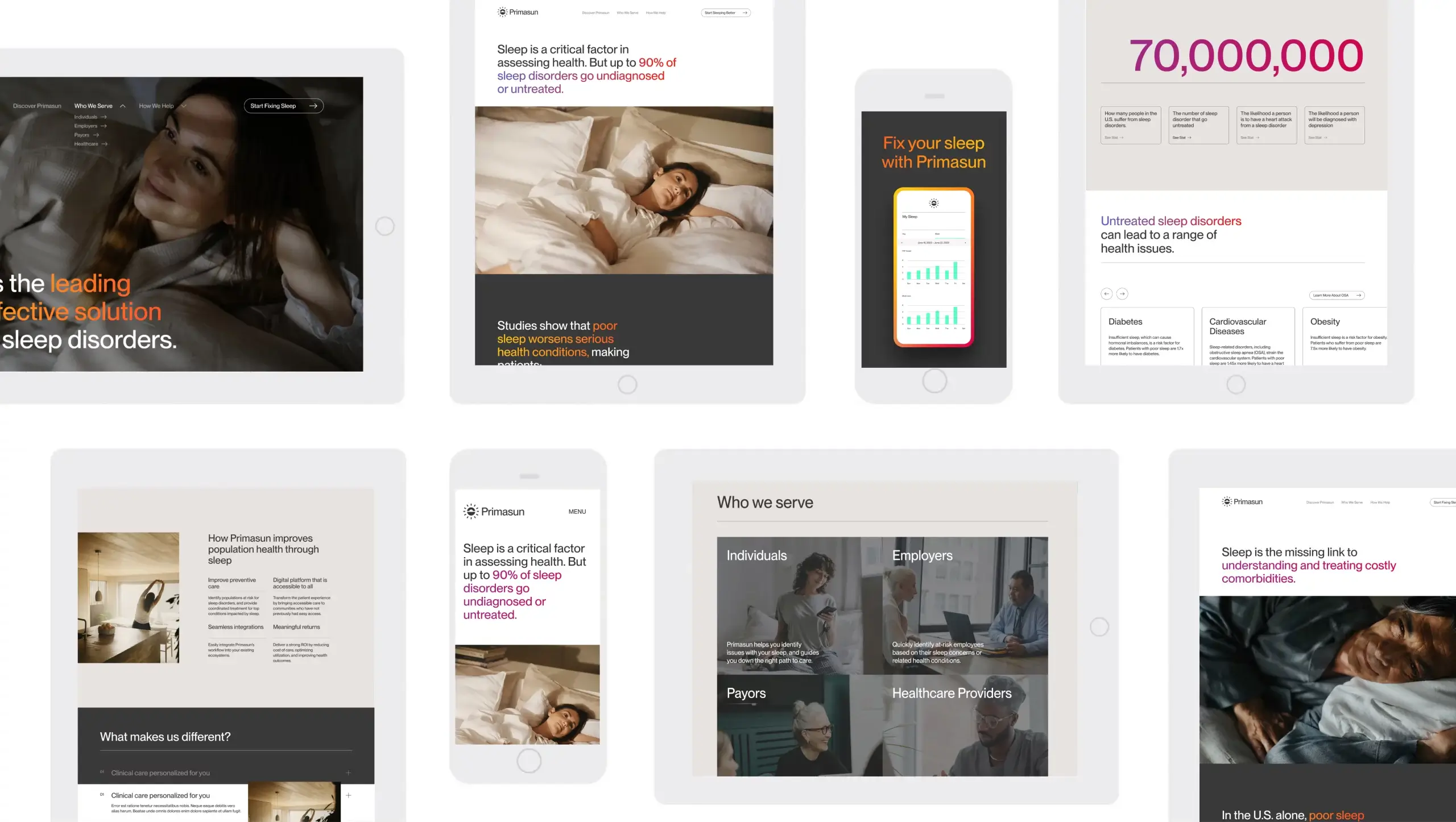 Digital mockups of the Primasun sleep disorder website on tablet screens. Images highlight solutions for sleep issues, featuring photos of people in bed and sections offering services for individuals, employers, payors, and healthcare providers.