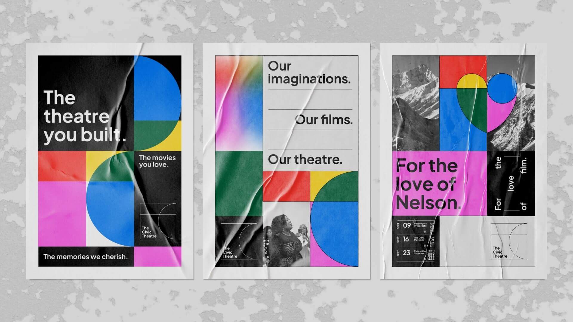 Campaign posters for Nelson Civic Theatre, featuring bold typography and colourful designs.