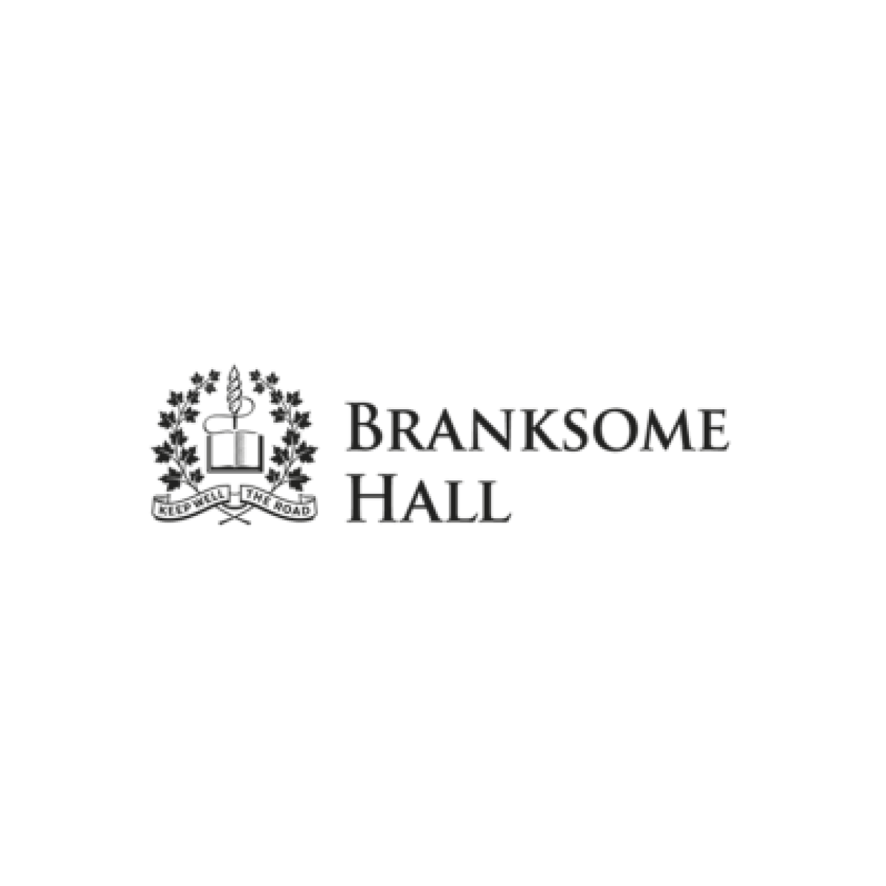 Branksome Hall logo featuring a shield with a building, laurel leaves, and a ribbon below with the motto Keep Well The Road, alongside the text Branksome Hall—a symbol of excellence in education.