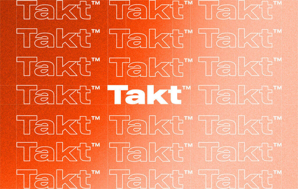 A grid of the word Takt repeated multiple times on an orange gradient background. The central Takt is white, while the others are orange and white outlined. The trademark symbol is next to each instance.