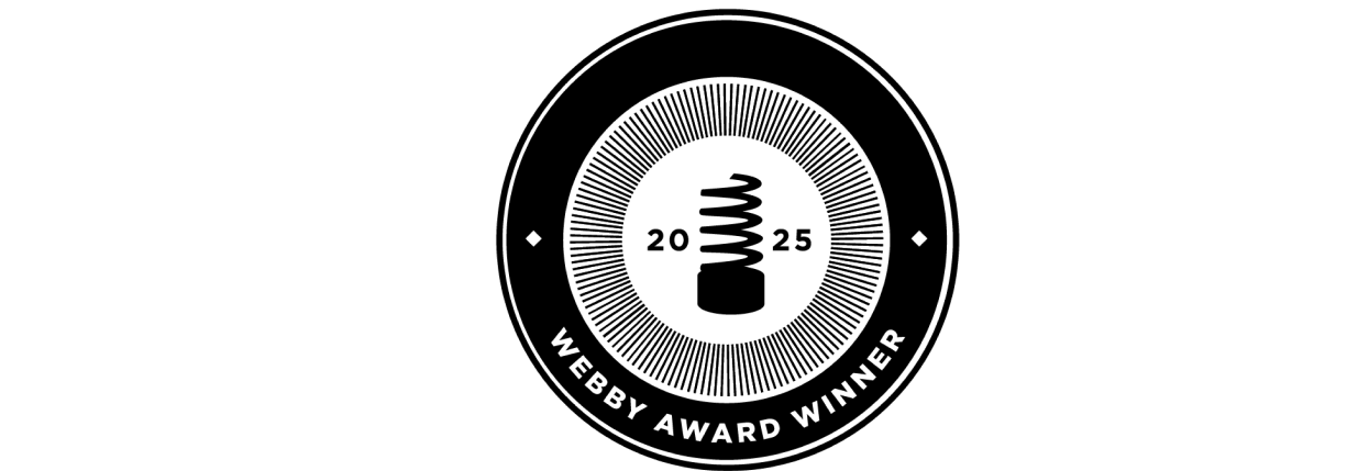 A black and white circular badge featuring the text WEBBY AWARD WINNER and 2025, with an icon of the Webby Award trophy—a spiral spring—at the center, celebrating excellence in digital entertainment.