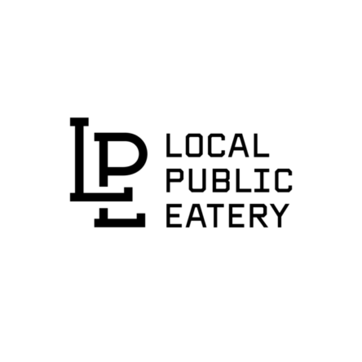 Black and white logo with large overlapping letters L and P on the left, and the words Local Public Eatery in uppercase text on the right—perfect for an entertainment-focused venue.