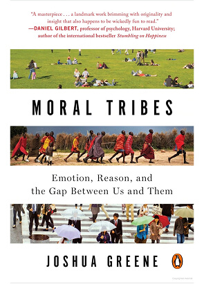 Book cover of Moral Tribes by Joshua Greene. Features three horizontal images: people lying on grass, people walking with linked arms, and people with umbrellas. Includes a review by Daniel Gilbert at the top.