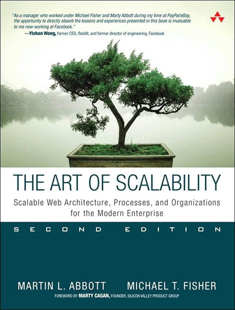 Cover of The Art of Scalability Second Edition by Martin L. Abbott and Michael T. Fisher. Features a bonsai tree in a pot with a misty lake background. The tagline highlights scalable web architecture and processes for modern enterprises.