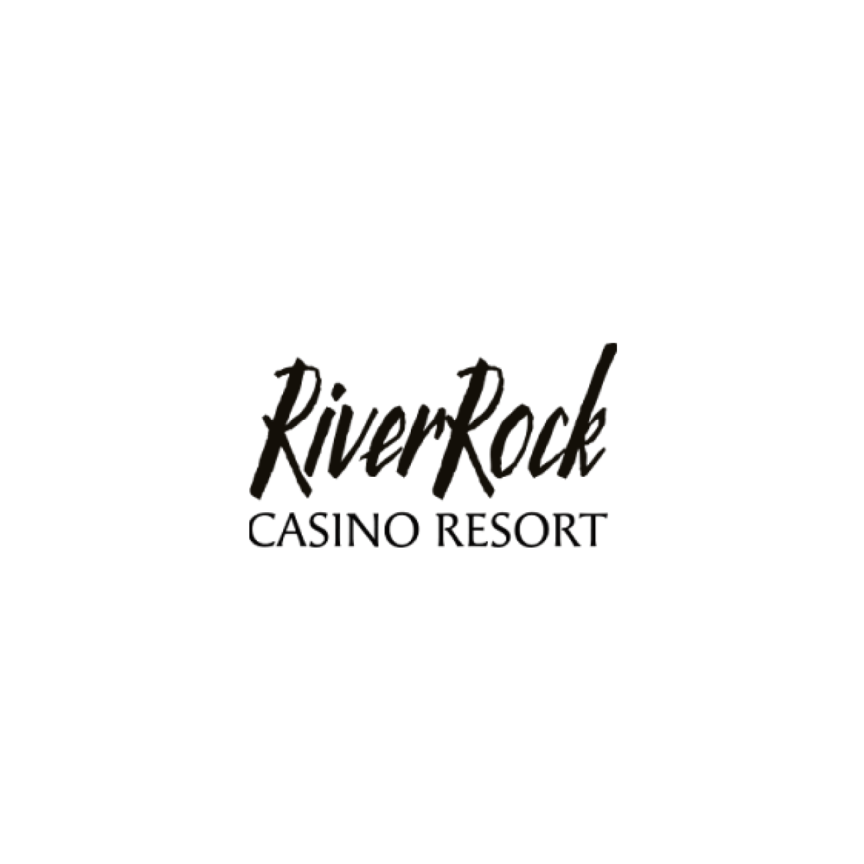 Logo for River Rock Casino Resort. The words RiverRock appear in a bold, cursive style, with CASINO RESORT written below in uppercase letters, capturing the vibrant spirit of entertainment on a plain white background.
