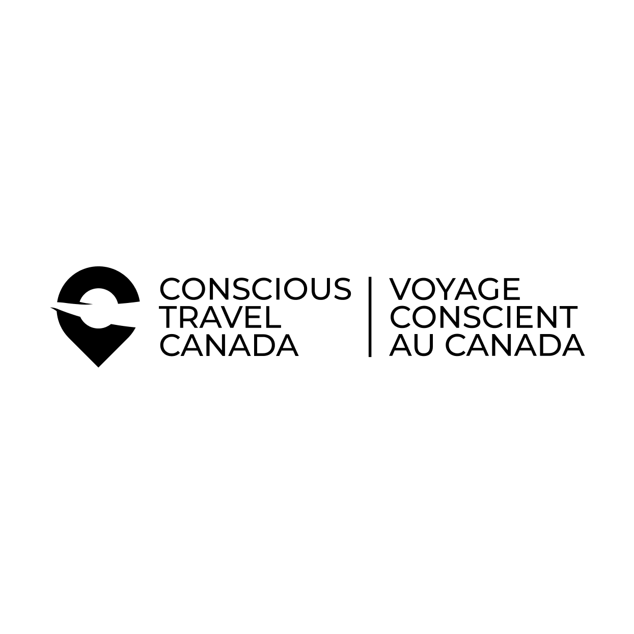 Logo with a location pin icon and the text “Conscious Travel Canada” and “Voyage Conscient au Canada” in English and French, separated by a vertical line—perfect for promoting mindful travel and entertainment. Black design on a light background.