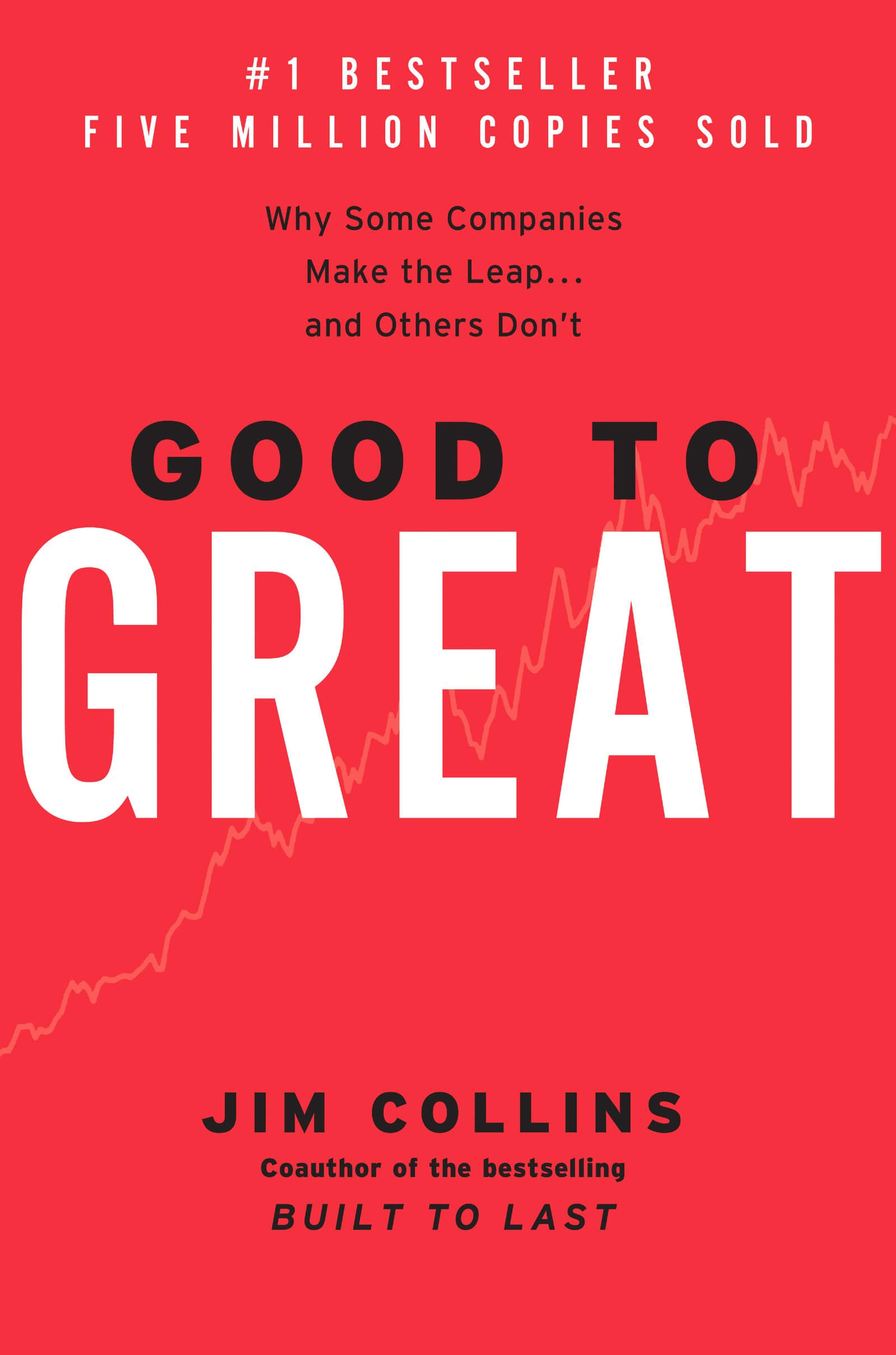The cover of the book Good to Great by Jim Collins features a red background with white title text. A rising graph is faintly visible in the background, symbolizing growth. Additional text above and below the title highlights it as a bestseller.