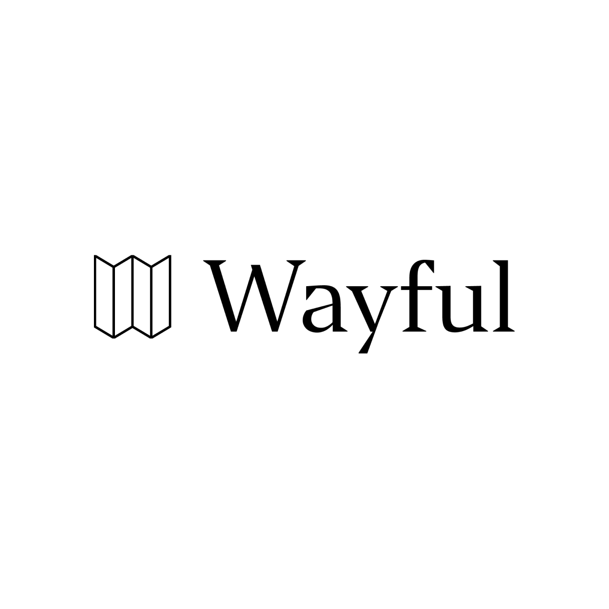 The image shows the word Wayful in black serif font beside a simple black line icon of a folded map, all on a light gray background, suggesting navigation or entertainment adventures.