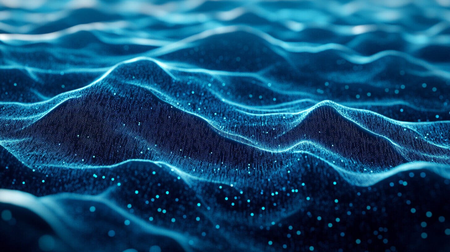A digital rendering of glowing blue waves resembling a futuristic landscape at the BCAMA Leadership Panel. Tiny, scattered light particles accentuate the undulating forms, creating a sense of movement and depth in a dark, aquatic atmosphere.