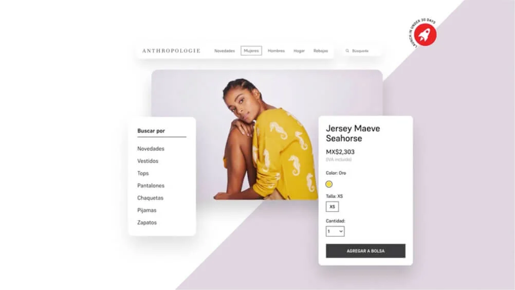 Online shopping page featuring a model in a seahorse-patterned jersey, perfectly in takt with the latest trends. Filter by categories like tops, pants, and shoes on the left. Product details including size and color are on the right, along with an Add to Bag button.