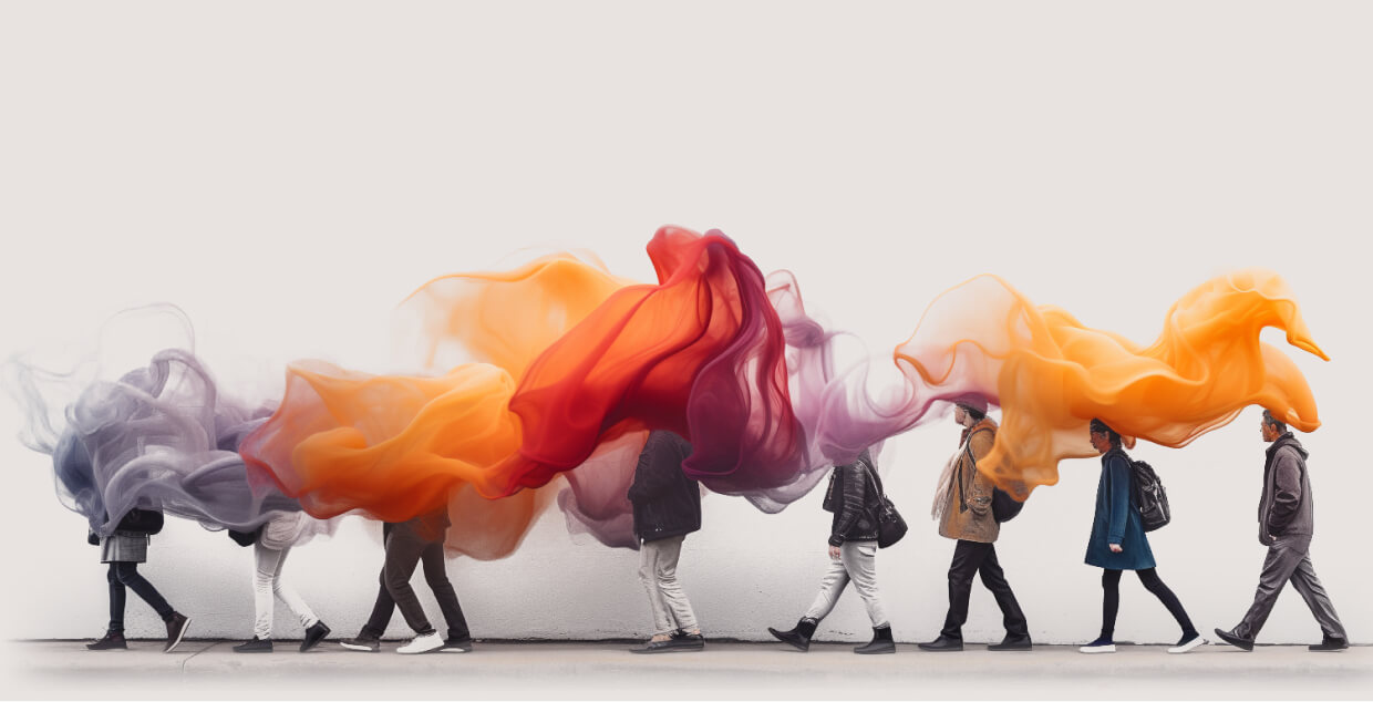 A line of people walking from left to right, each enveloped in flowing, colorful clouds of smoky orange, red, and purple hues that trail behind them. The background is a plain, light-colored wall.