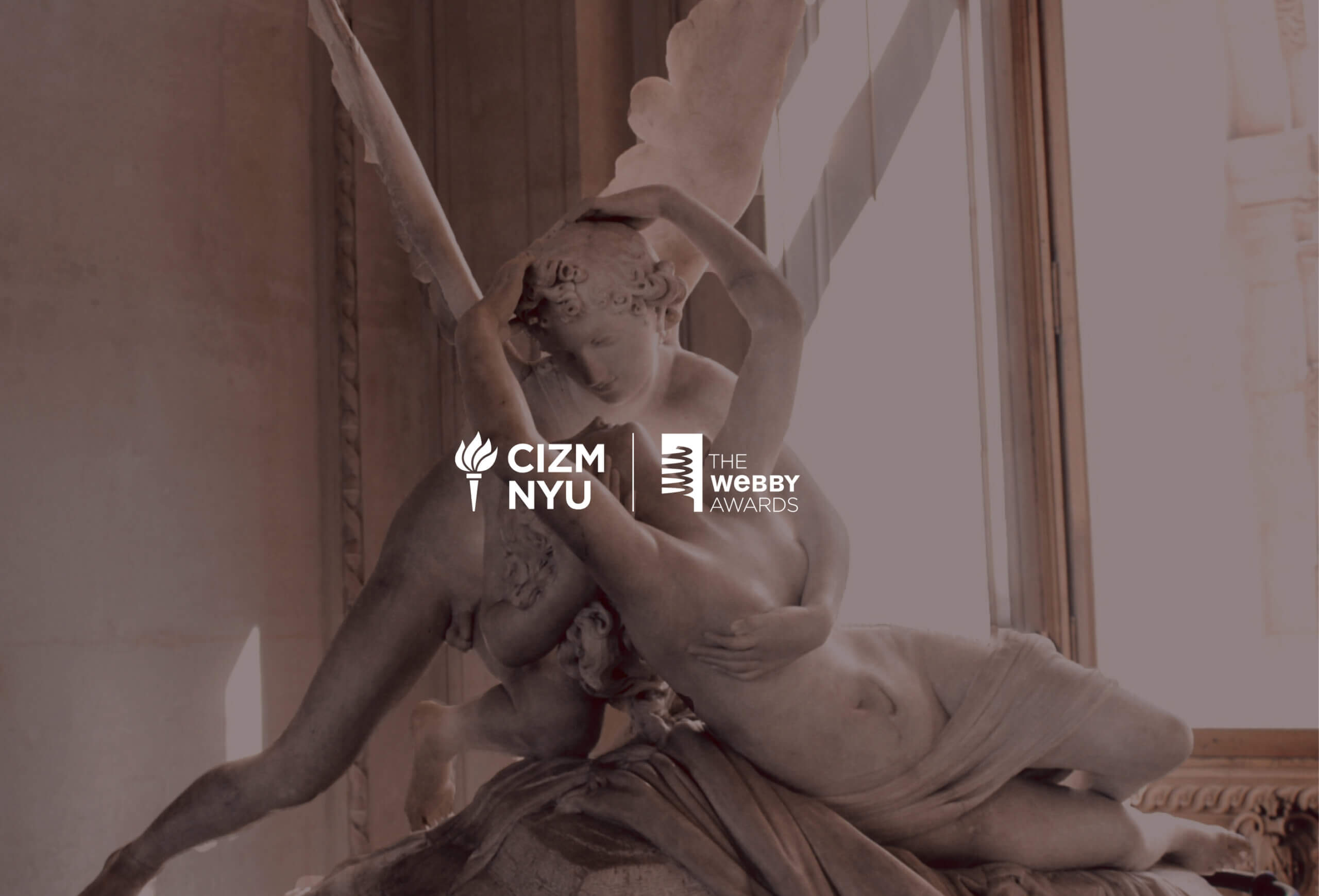 A classical marble sculpture depicts an angel with wings embracing a reclining figure. The background is softly lit, showcasing the detailed craftsmanship. Overlaid text reads CIZM NYU and The Webby Awards.