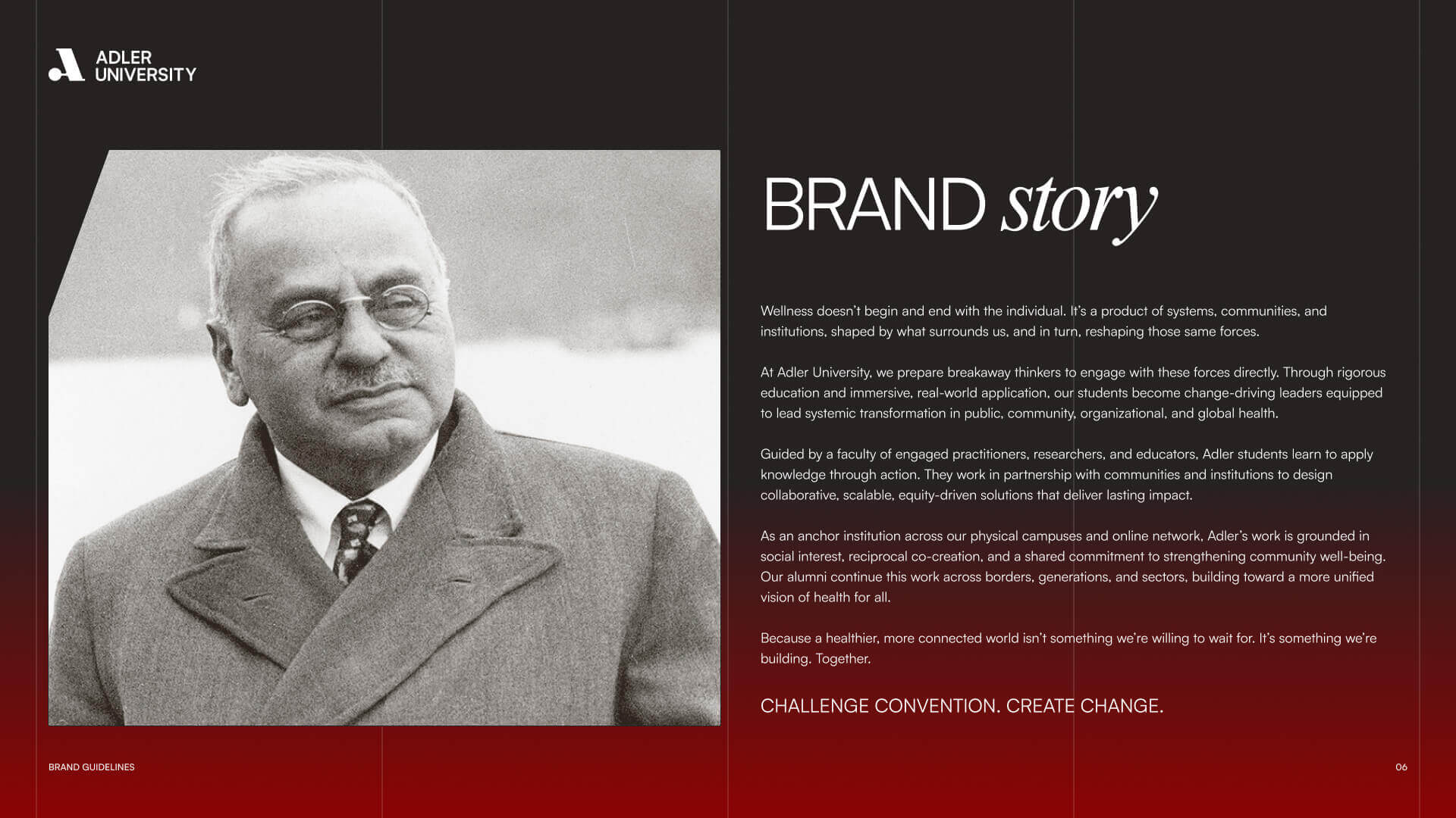 A black-and-white photo of a man in a suit and glasses is on the left. On the right, white text on a dark background highlights Adler University’s brand story and its commitment to social change, similar to institutions like NYU.