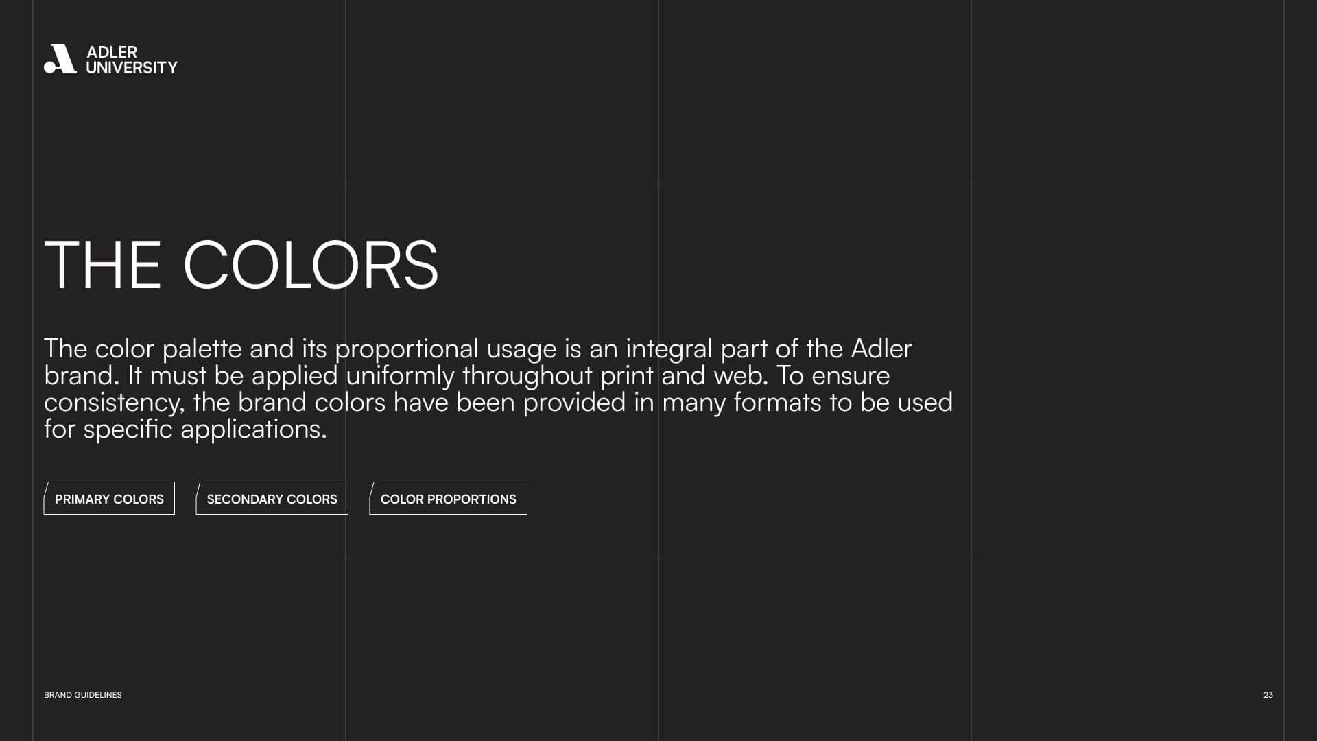 A black grid background with white text says “Adler University” in the top left. Large text reads THE COLORS, reminiscent of NYU's bold style, with a paragraph on the brand’s color palette and three buttons: “Primary Colors,” “Secondary Colors,” and “Color Proportions.”.