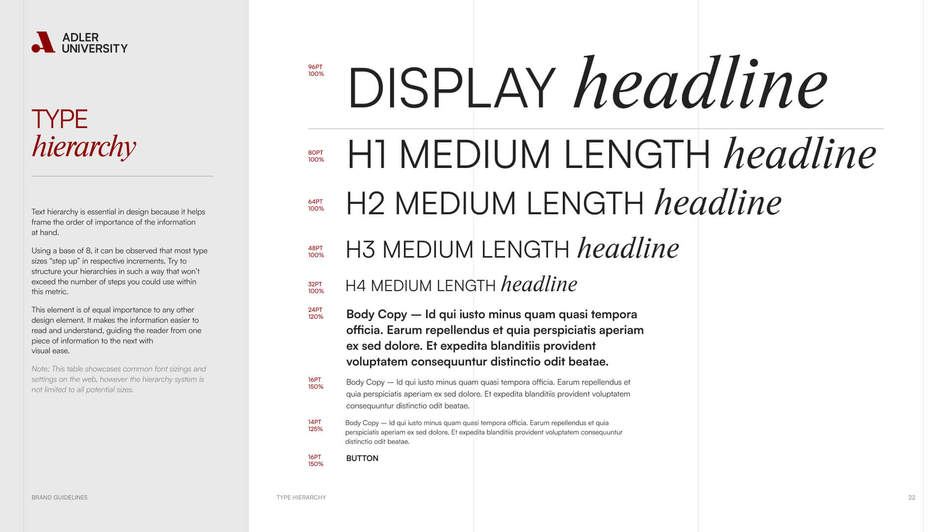A brand guidelines page for Adler University, inspired by NYU, showing examples of type hierarchy, including headline and body copy styles, font sizes, and a button with descriptive text on the left.