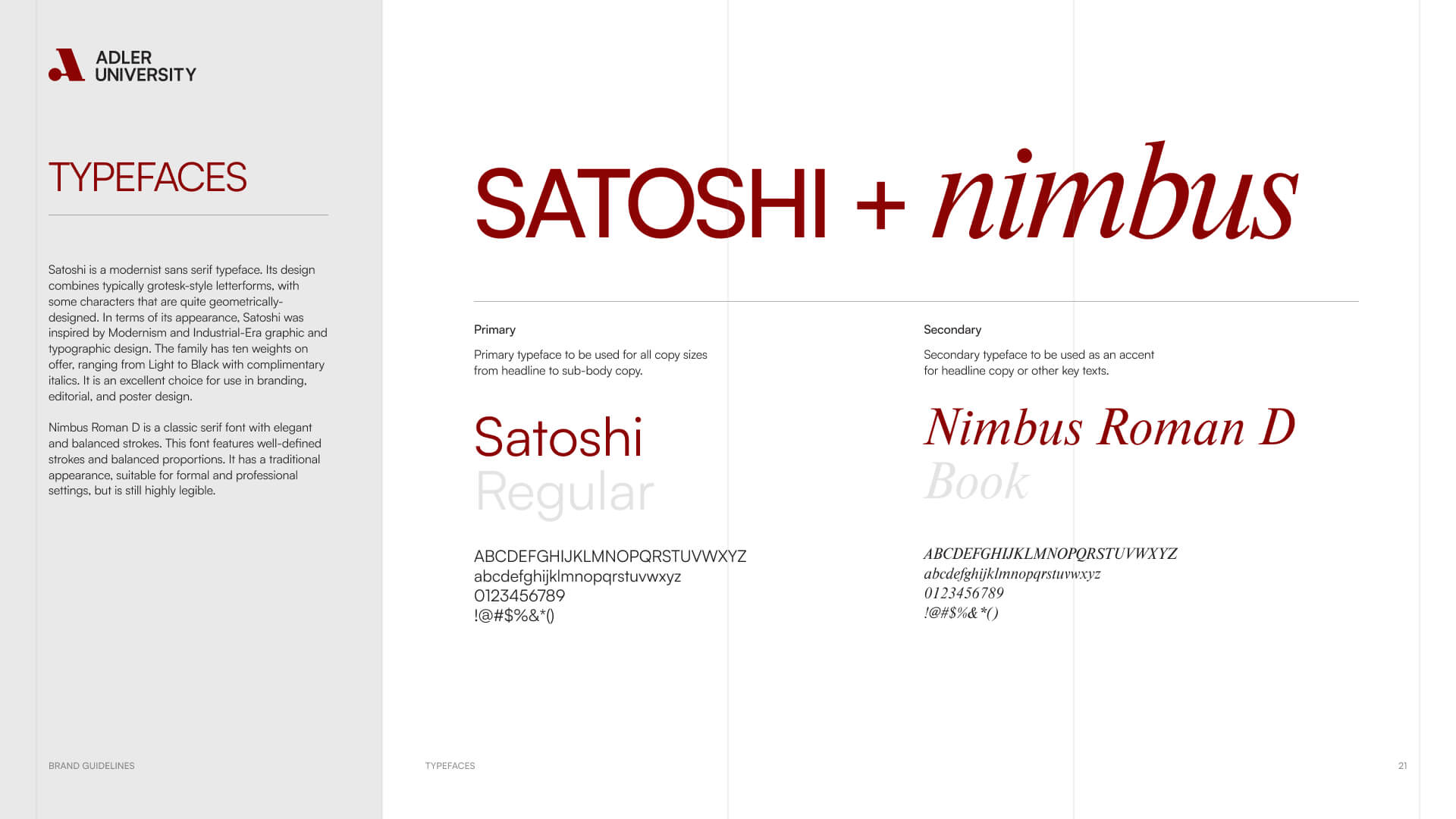A brand guidelines page for Adler University, inspired by NYU standards, shows primary and secondary typefaces: Satoshi (regular) and Nimbus Roman D (book). Large text displays SATOSHI + nimbus. Typeface samples and descriptions are on a white background.