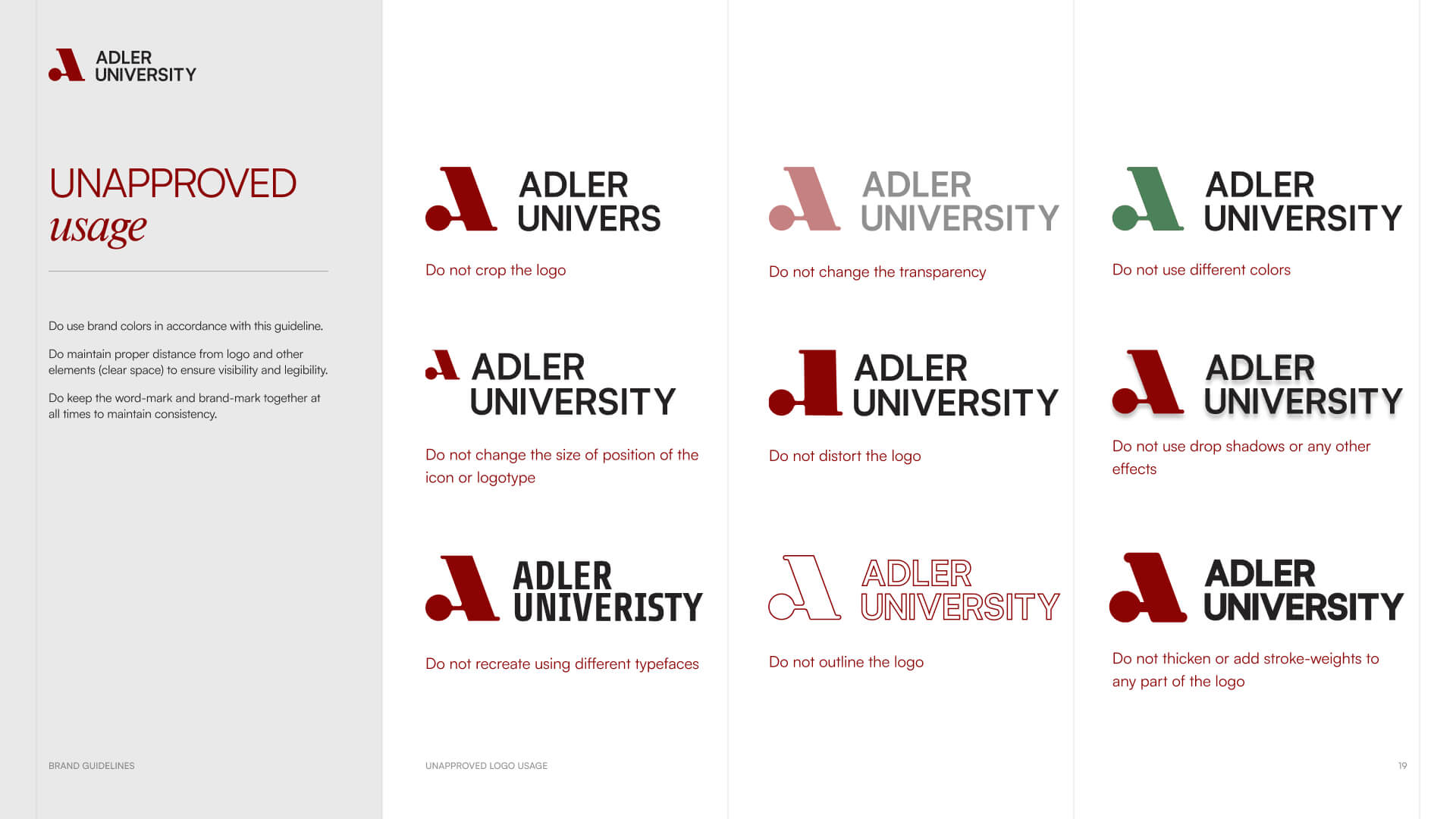 A brand guidelines page from Adler University, similar to those at NYU, showing examples of unapproved logo usage, including warnings against changing colors, fonts, transparency, proportions, spacing, outlines, and adding effects.