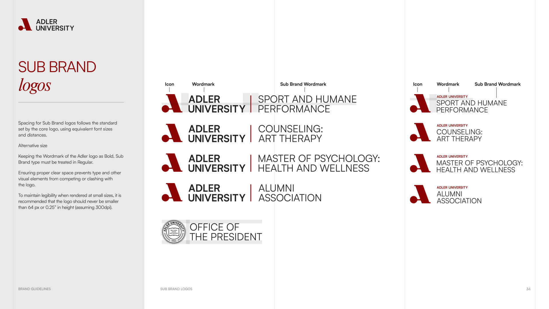 A branding guide page shows layouts for Adler University sub brand logos, drawing on NYU-inspired design elements. Examples include icons and text for departments like Sport and Humane Performance, Counseling: Art Therapy, Health and Wellness, and Alumni Association.