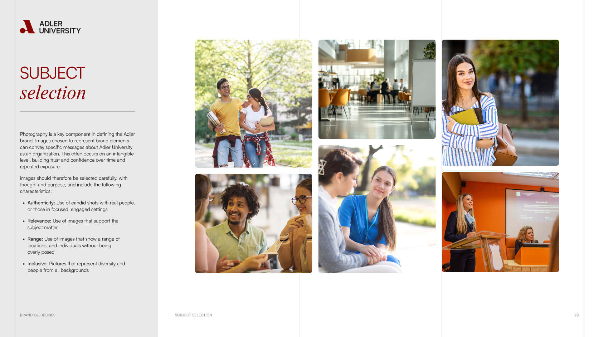A collage of six images featuring diverse people at NYU: students talking outdoors, individuals working in a bright library, a woman in a striped shirt smiling, a group discussion, two women chatting, and a woman giving a presentation at a podium.