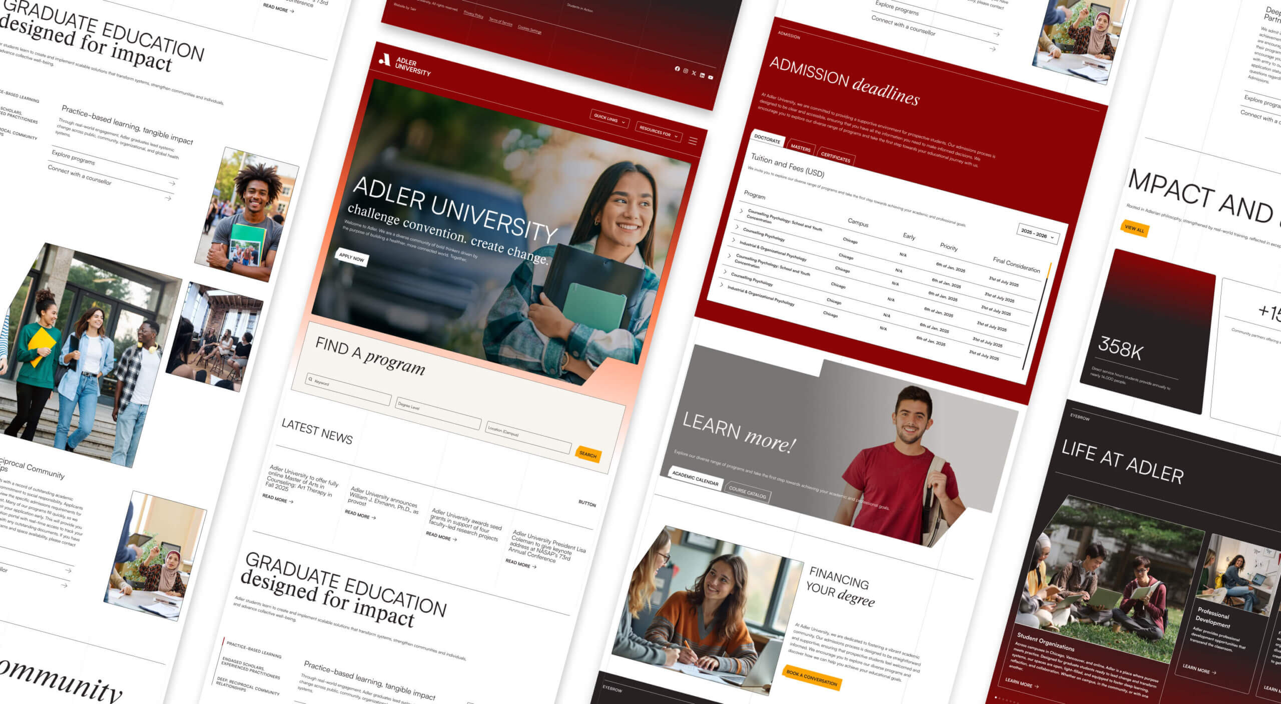 A collage of web pages for Adler University, inspired by NYU, featuring images of students, program search, admission deadlines, news updates, and sections about university life, financial aid, impact, and community.