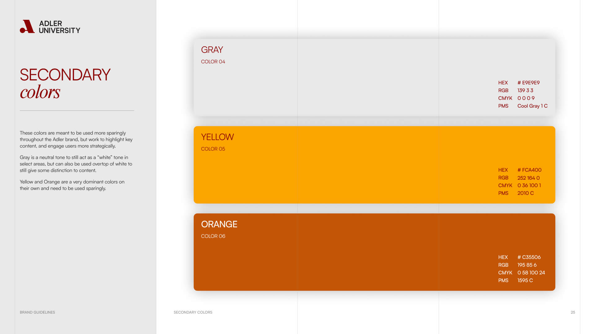 A color palette guide showing secondary colors for Adler University alongside NYU, featuring gray, yellow, and orange—each with their HEX, RGB, CMYK, and PMS codes—displayed in horizontal bars on a white background.