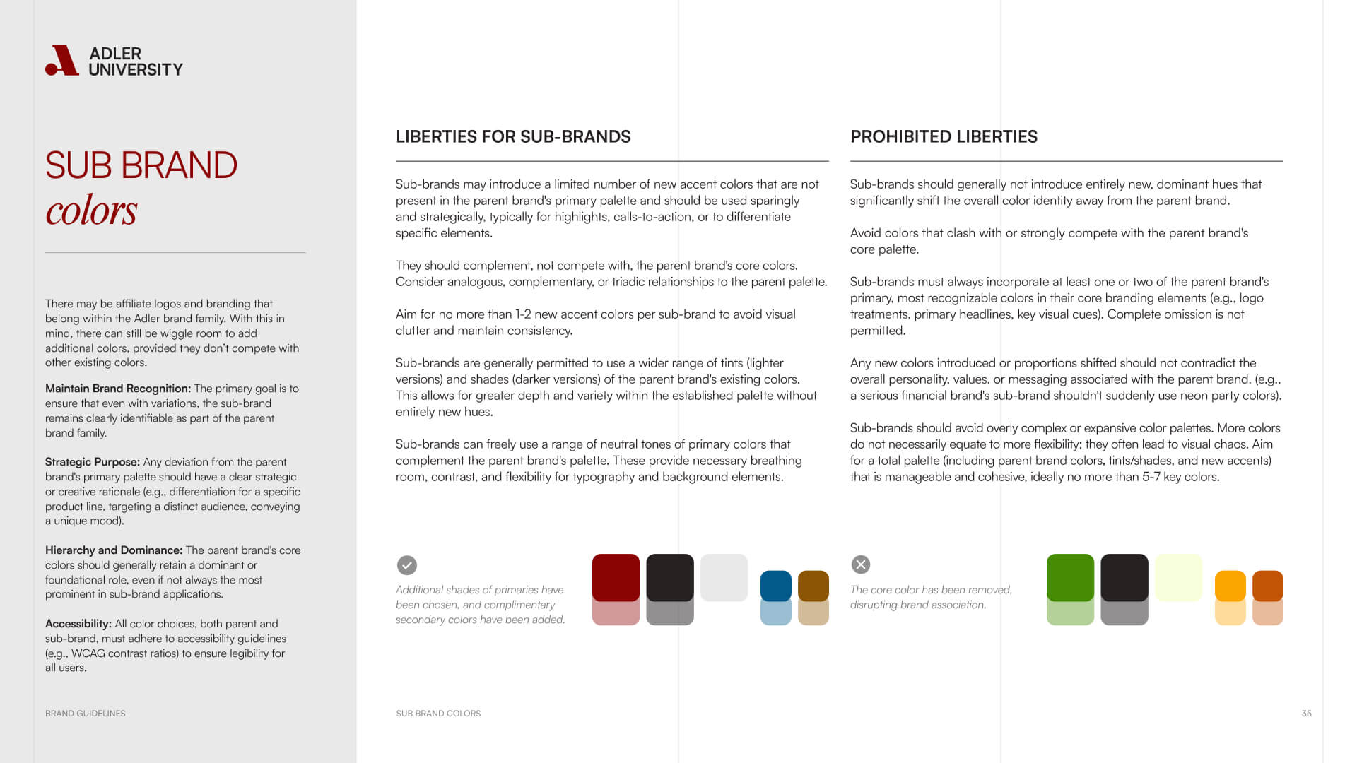 A guide from Adler University, inspired by institutions like NYU, on sub-brand colors—showing swatches for sub-brands, prohibited combinations, and explaining usage rules for hierarchy, flexibility, and clarity.
