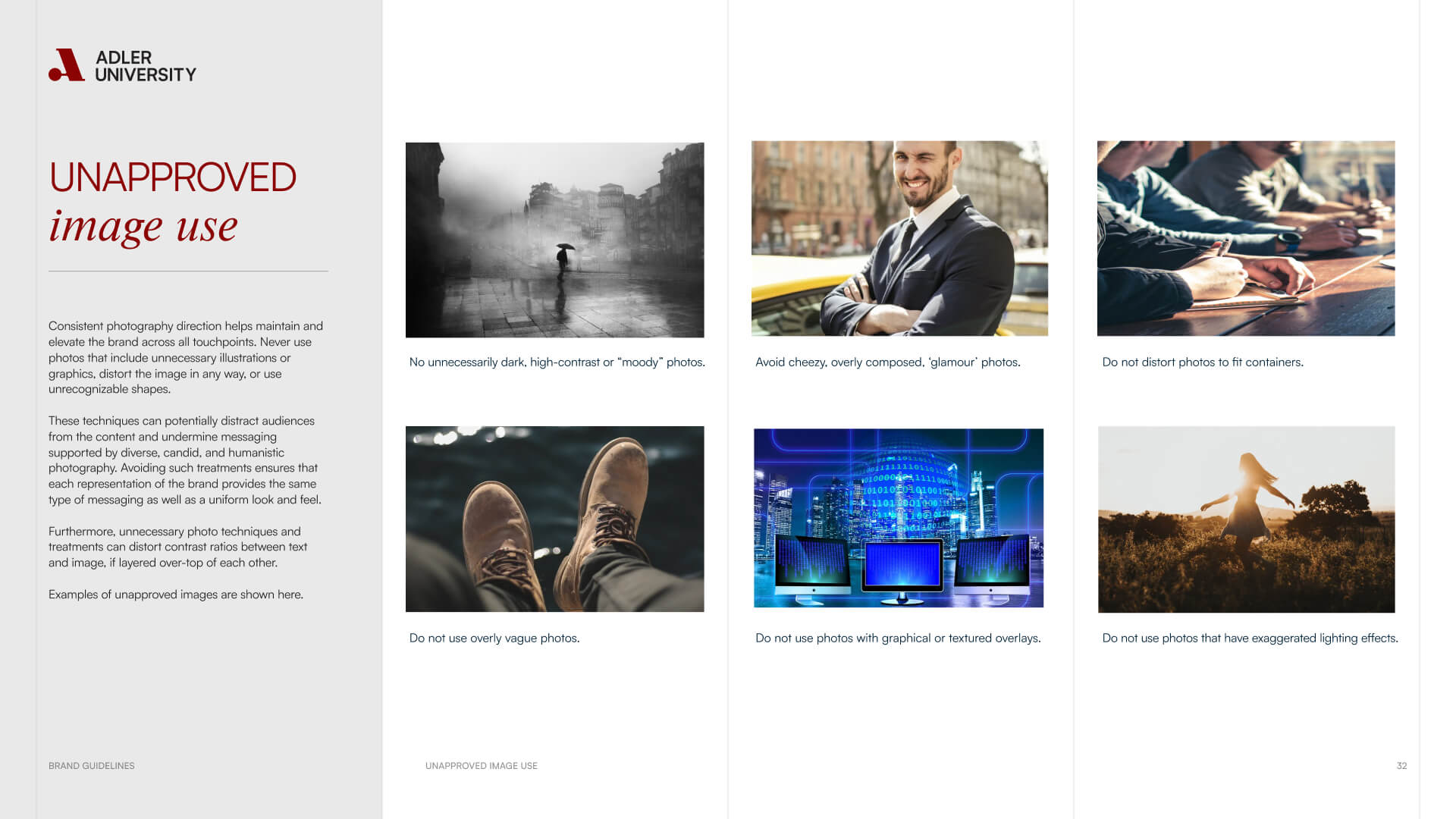 A guideline page from Adler University, similar to those found at NYU, shows six example photos labeled with what not to use: overly dark, glamorous, or abstract shots, photos with barriers or exaggerated effects, and overly vague or graphical photos.