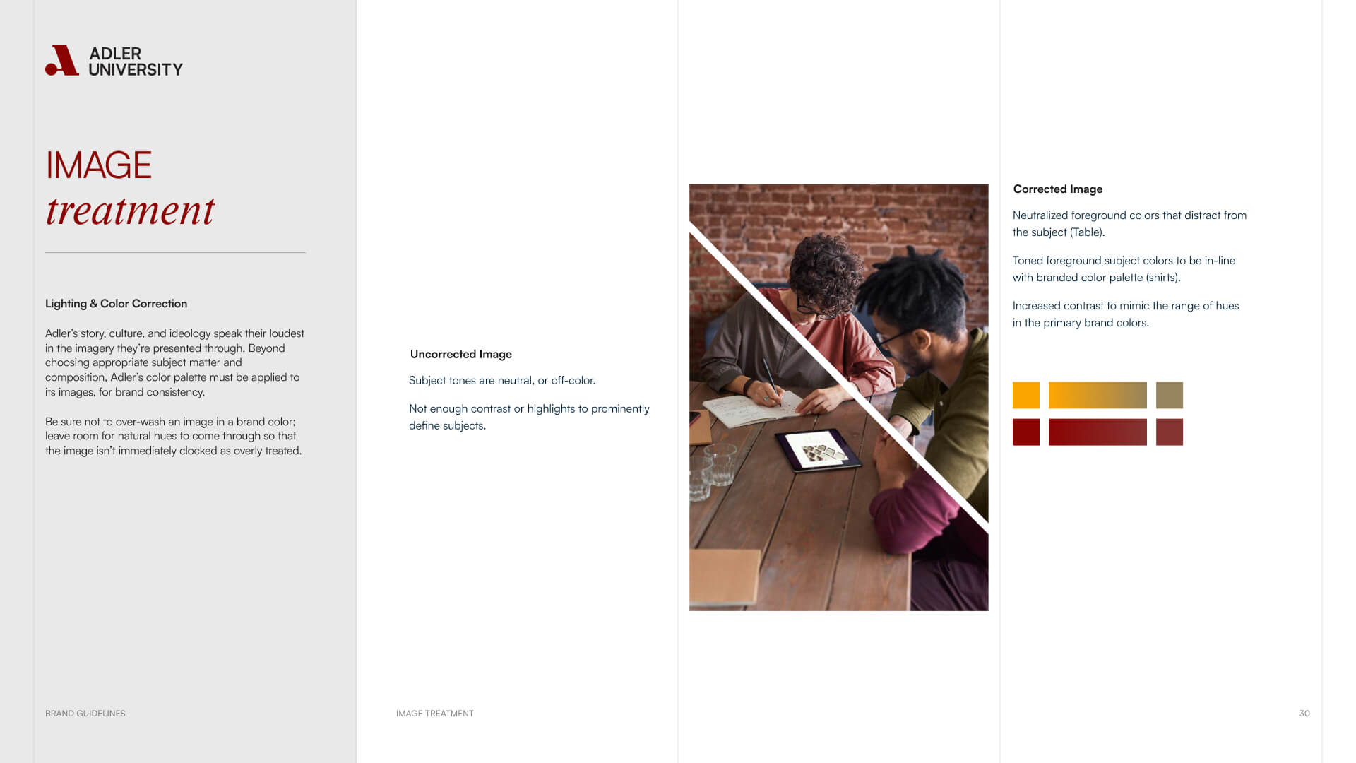 A man and two women sit at a wooden table, looking at a tablet. The image shows original and corrected versions, with the corrected image featuring more natural, balanced colors—ideal for NYU presentations. A color palette is shown on the right.