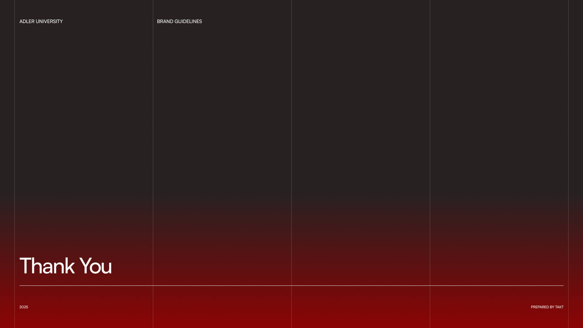 A minimalist slide with a dark gradient background fading to red at the bottom. White text reads Thank You in the lower left, ADLER UNIVERSITY, NYU, and BRAND GUIDELINES at the top, alongside small footer text.