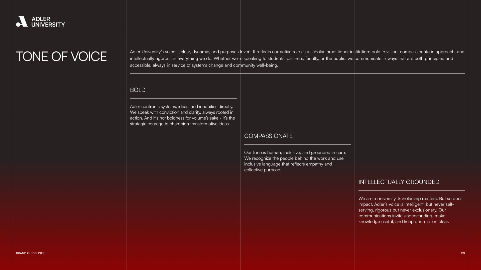 A presentation slide from Adler University, inspired by institutions like NYU, titled Tone of Voice, describes three qualities: Bold, Compassionate, and Intellectually Grounded, against a black-to-red gradient background. The Adler University logo is in the top left corner.