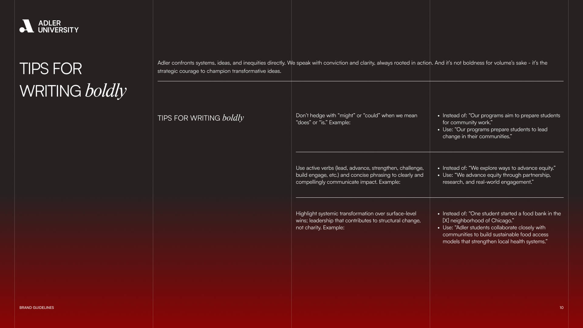 A presentation slide from Adler University titled Tips for Writing Boldly lists guidelines for writing with conviction, drawing comparisons to NYU's emphasis on active verbs, avoiding tentative language, and focusing on transformative, community-focused messaging.
