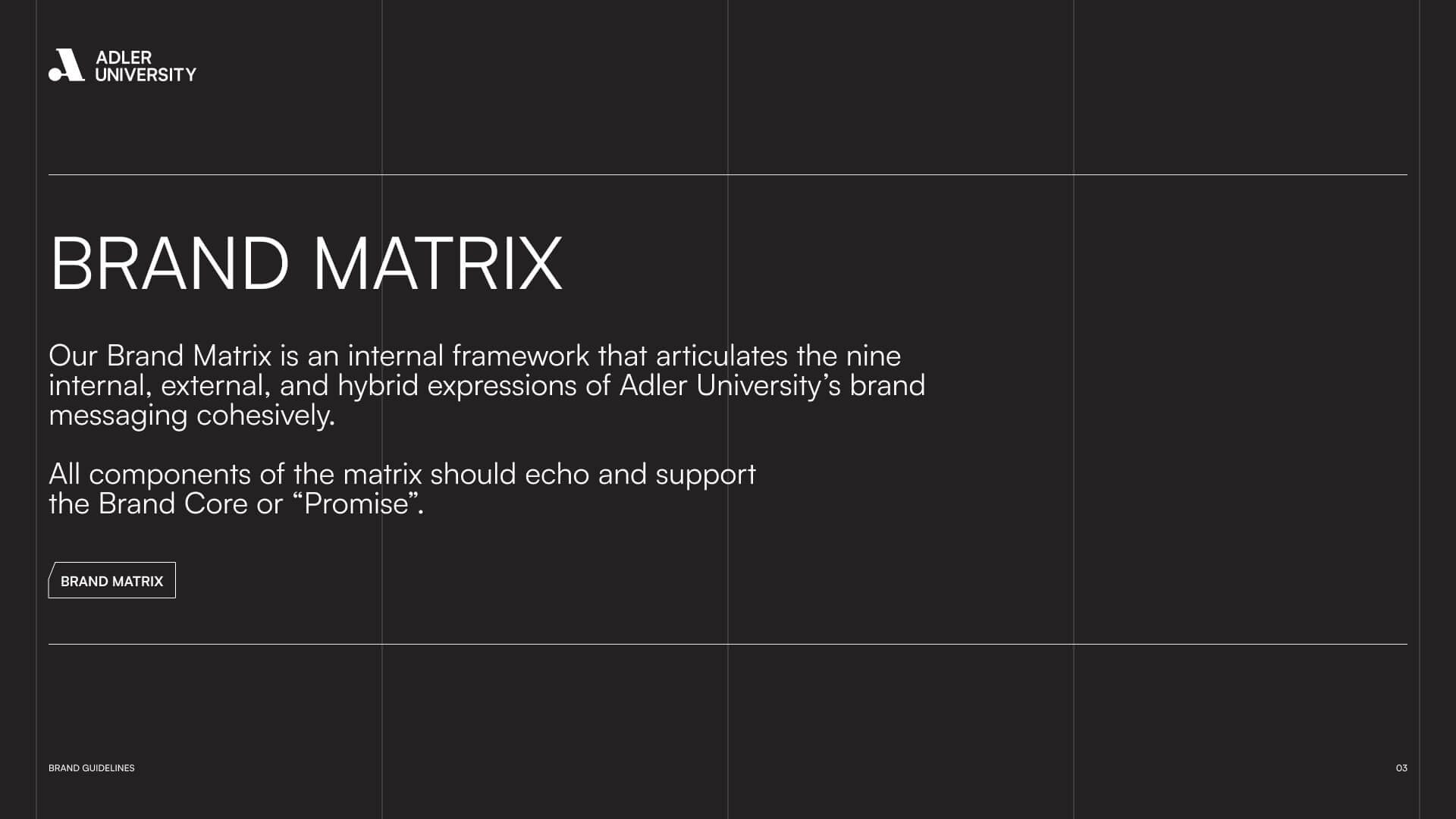 A presentation slide titled Brand Matrix explains it as Adler University’s internal framework for brand expressions—similar to frameworks at NYU—with a note that all parts should support the Brand Core or Promise. The background is dark with a subtle grid.