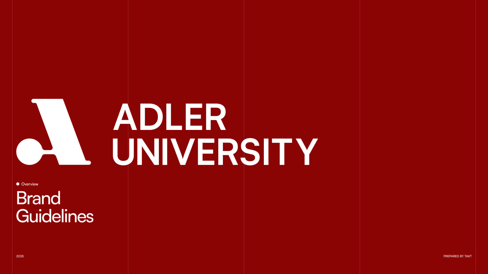 A red background with a large white A logo, bold white ADLER UNIVERSITY text, and Brand Guidelines in the bottom left. Powered by TMAT is in the bottom right, evoking a modern style similar to NYU’s branding.