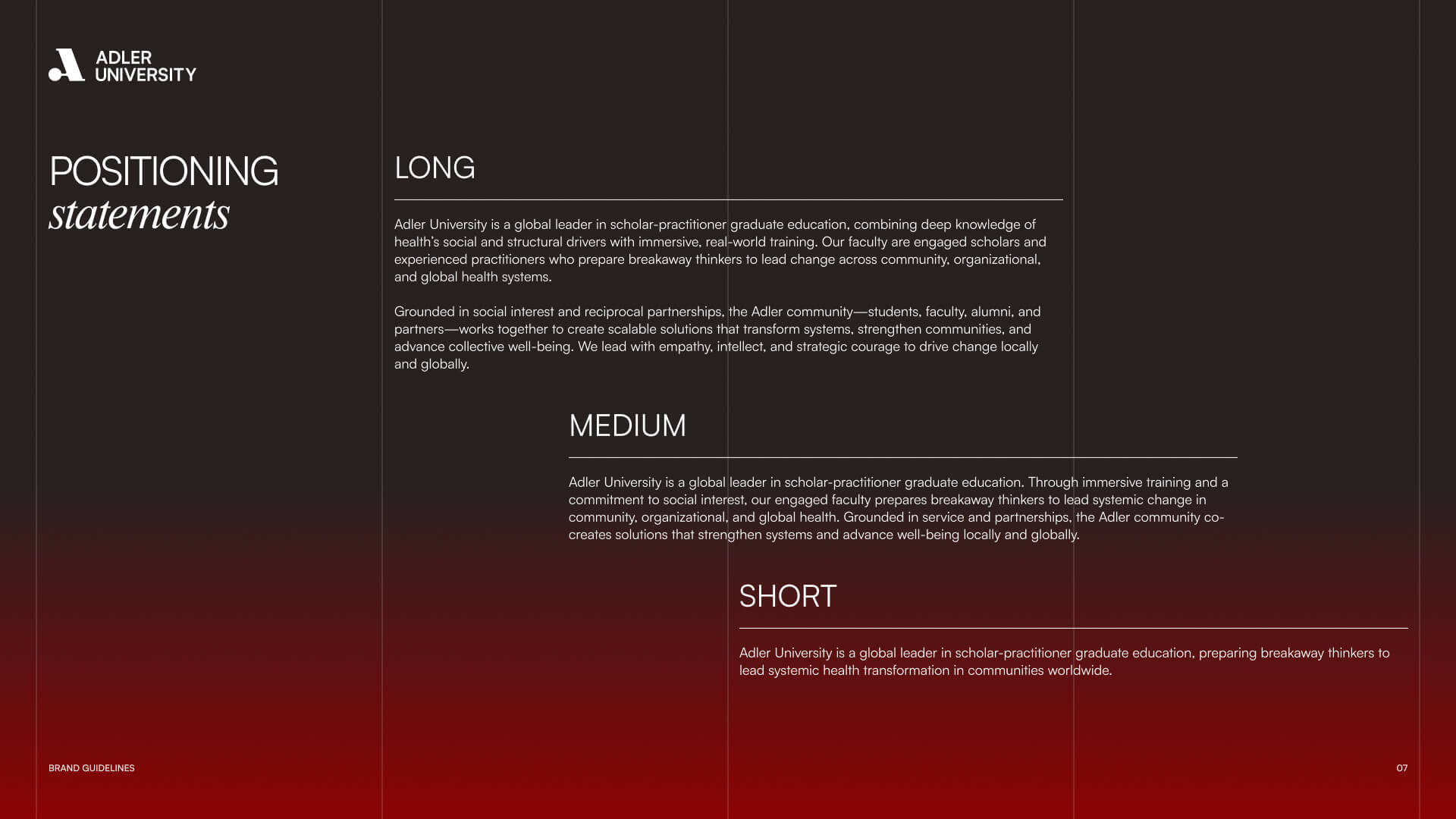 A slide with a red-to-black gradient background titled “Positioning statements” for Adler University, inspired by NYU’s approach, showing three versions (long, medium, short) of their educational positioning text, each in its own section.