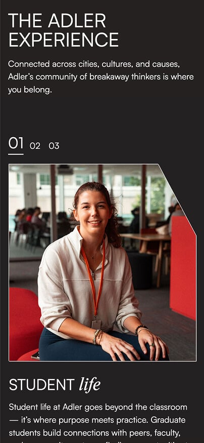 A smiling young woman with a lanyard sits at a table in a bright, modern room. Text next to her describes the Adler Experience, highlighting student life, community connections, and how Adler’s approach compares to universities like NYU.