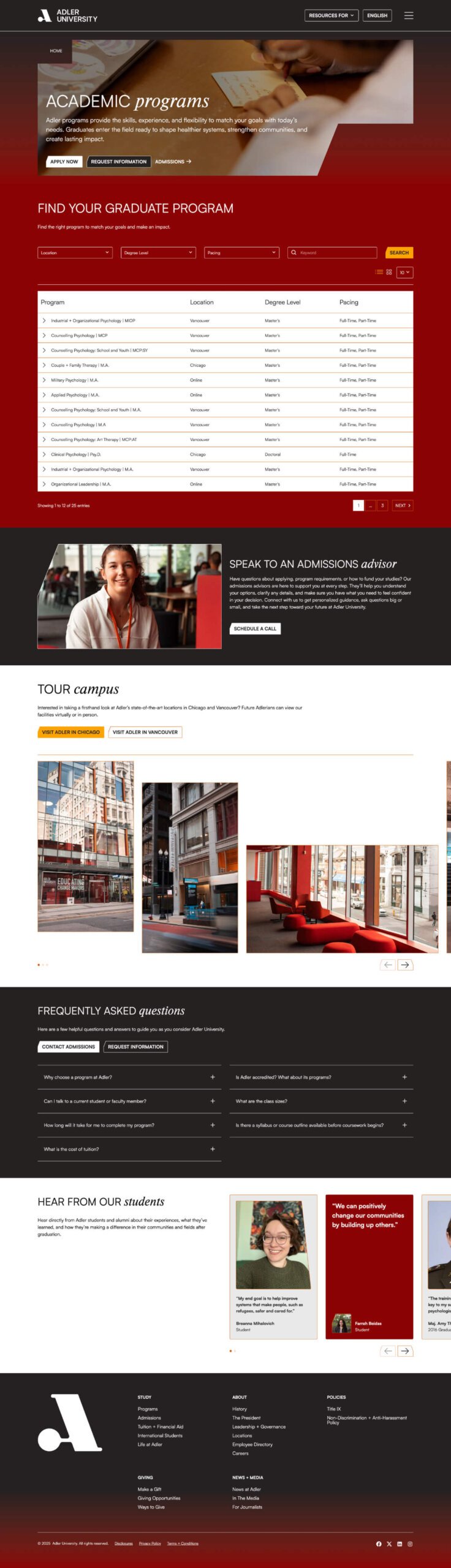 A university webpage displays an NYU header, a graduate program search tool, photos of students and campus buildings, admissions info, FAQs, student testimonials, and a footer with social media links and contact information.