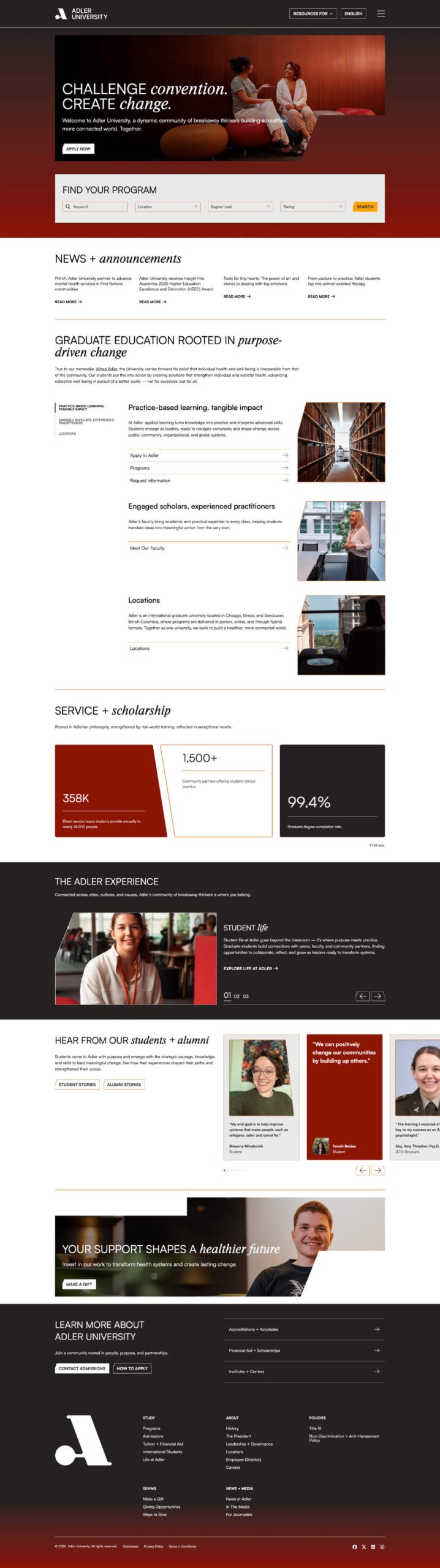 A university website homepage featuring NYU students studying, program search, school news, and information about graduate education, faculty, and alumni experiences, with images, text sections, and easy navigation menus.