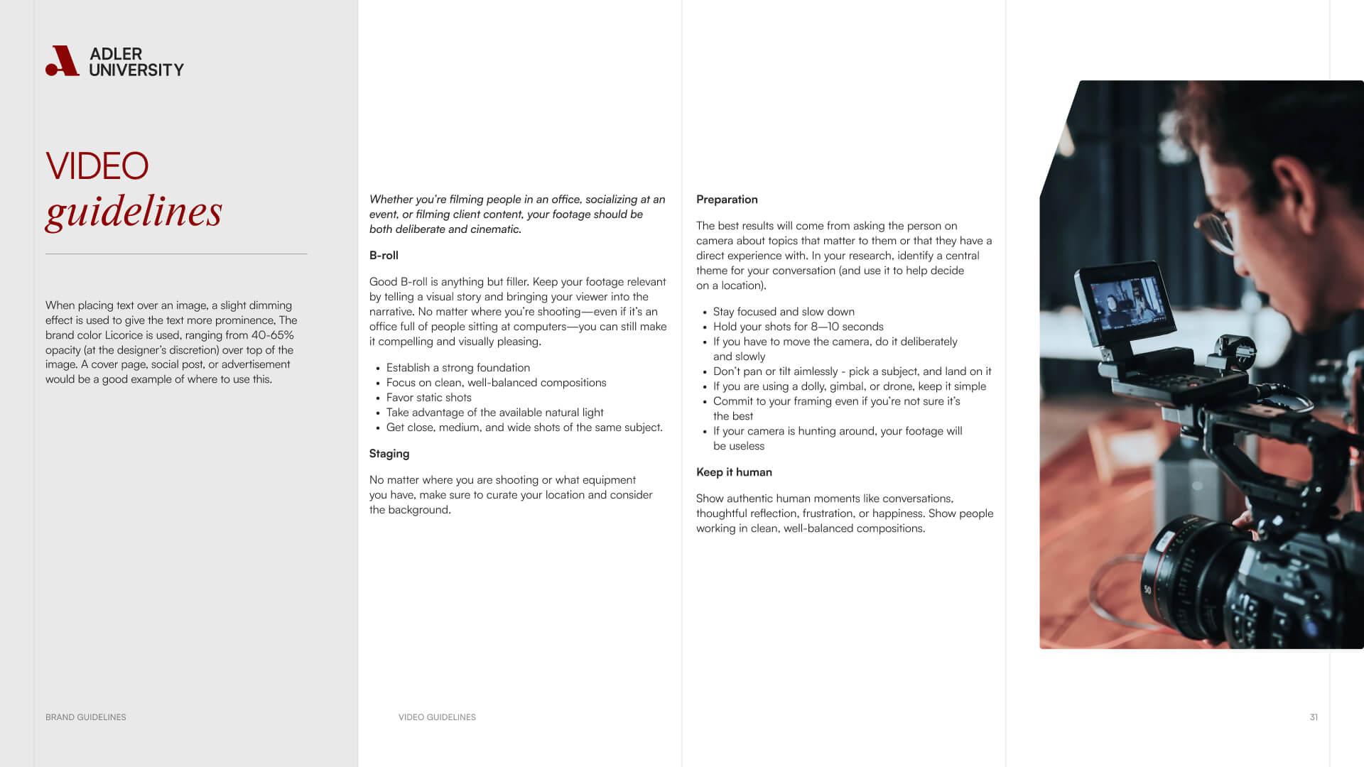 A video production guide from Adler University and NYU is shown alongside an image of a camera operator filming a person on stage in a red dress. The guide includes tips on filming, backgrounds, and audio.
