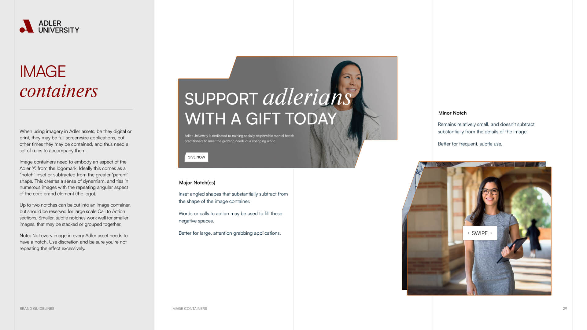 An informational page from Adler University’s brand guidelines featuring image use tips, two women smiling, and text on supporting Adlerians with a gift—plus design notes for image notches inspired by NYU's attention to visual detail.