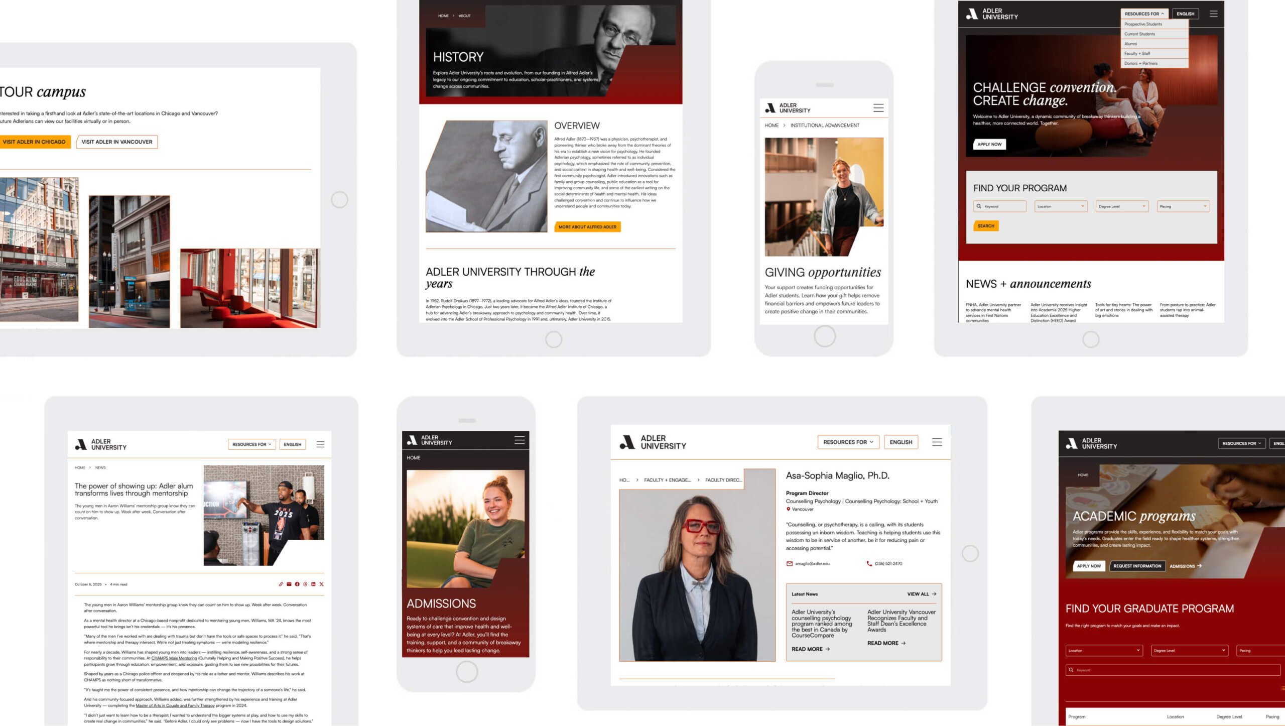 Eight white tablets display different web pages from Adler University and NYU, featuring photos, text, faculty profiles, program information, and campus images—all using a maroon, white, and black color scheme.