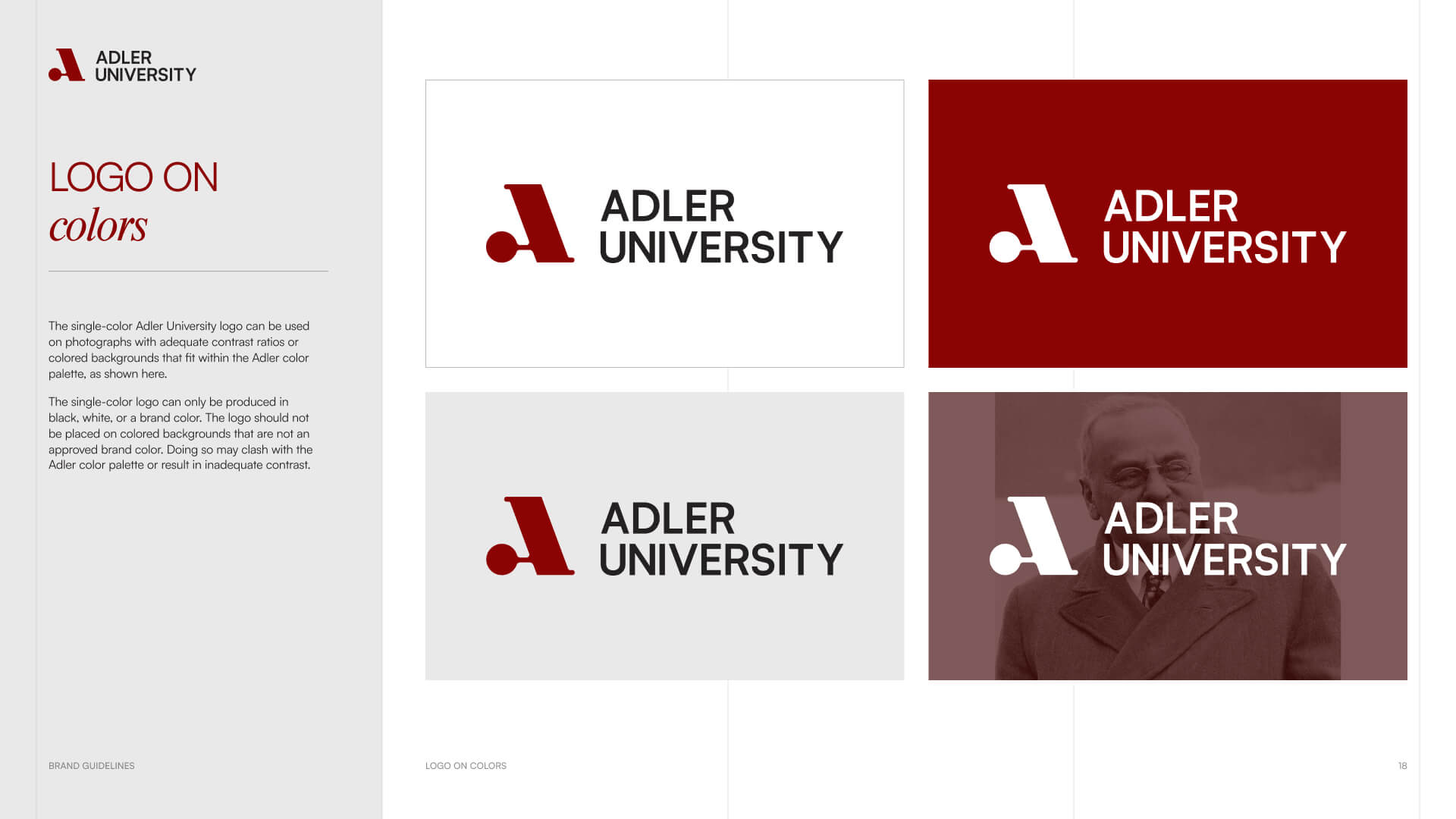 Four examples of the Adler University logo are shown: on white, grey, red backgrounds, and over a grayscale photo—similar to how NYU adapts its branding for visibility using black, white, red, or grey for strong contrast.