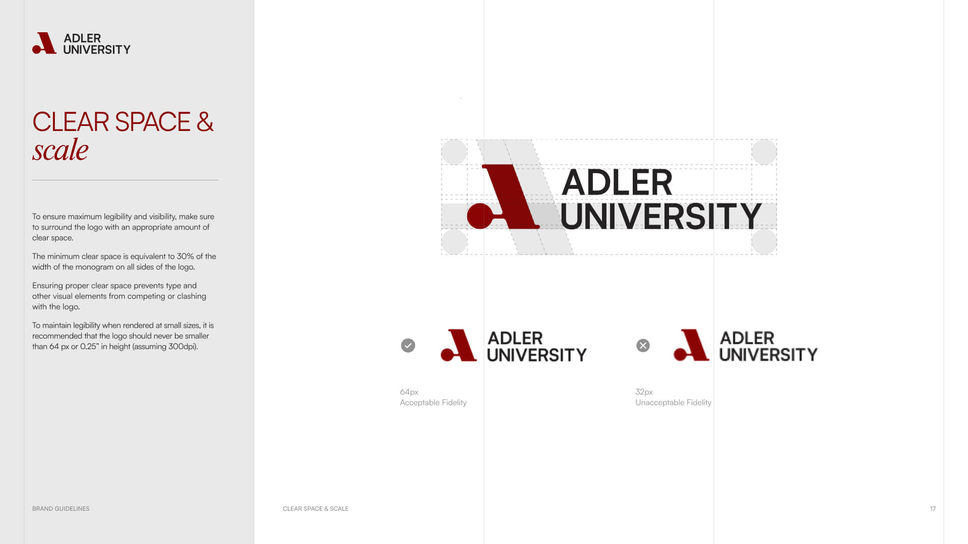 Guidelines for Adler University logo clear space and scale, similar to NYU standards, showing acceptable and unacceptable logo sizes, plus text instructions on maintaining legibility and adequate clear space around the logo.