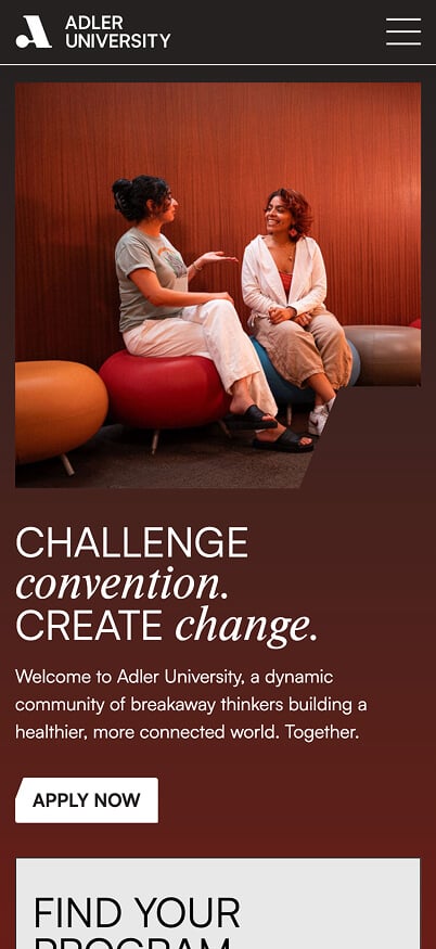 Two women sit on colorful stools, engaged in conversation, against a wood-paneled wall at Adler University. Inspired by innovative campuses like NYU. Text reads: Challenge convention. Create change. Welcome to Adler University... with an Apply Now button below.