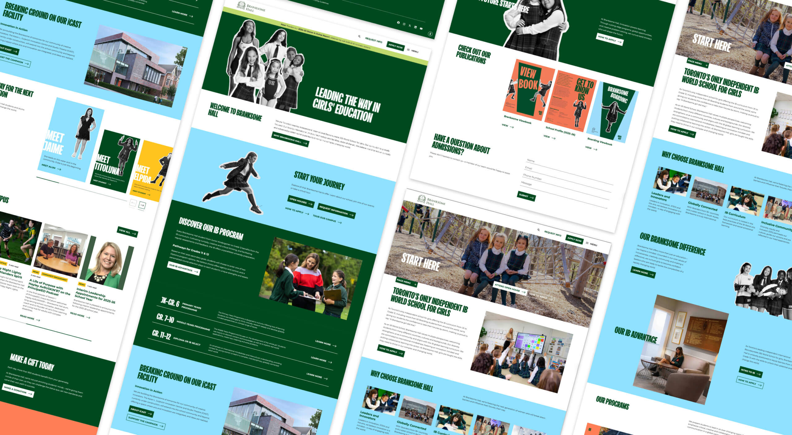 A collage of web page mockups featuring educational content, diverse NYU students, and school staff. The layouts use green, blue, and orange colors, with photos, graphics, and various sections for information and calls to action.