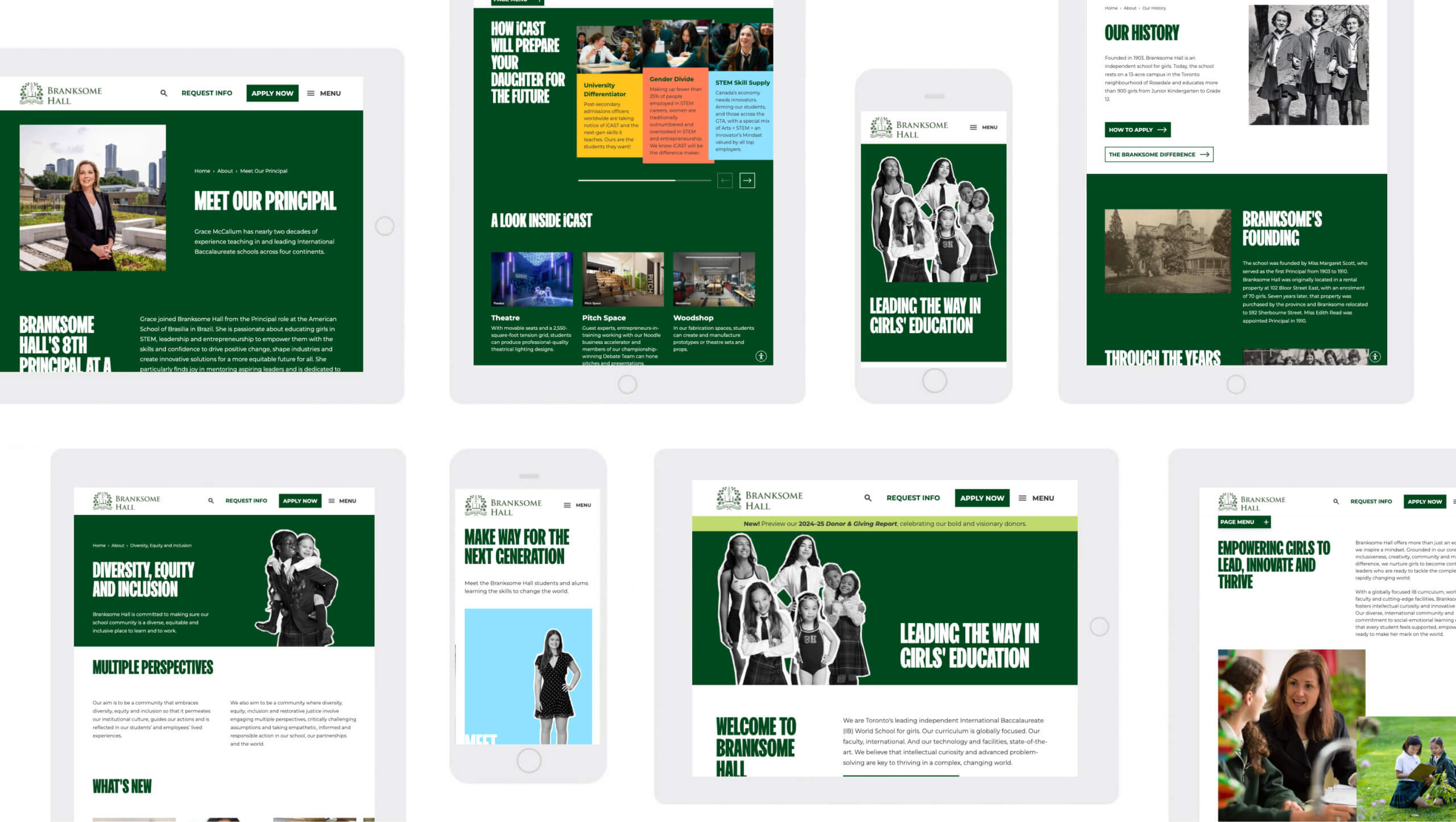 responsive screens from the branksome hall website design and development project.